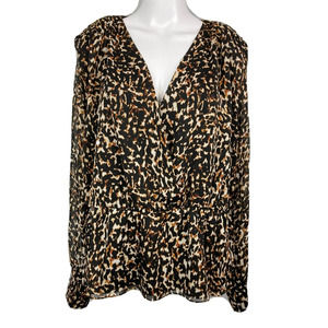 DKNY Shirt Womens Sz L Beige Black Leopard Surplice V Neck Peplum Top‎ Lined